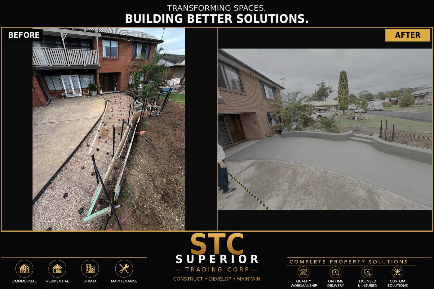 Concrete driveway and pathway before and after transformation