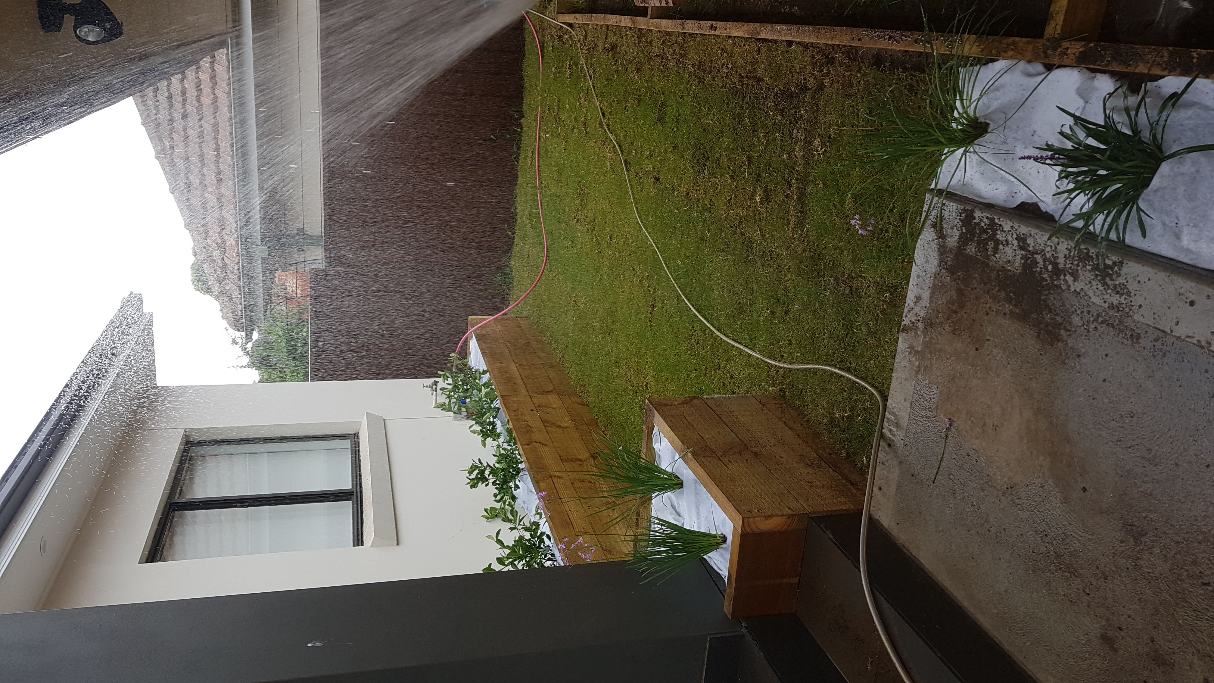 Timber sleeper garden bed with new plantings beside house